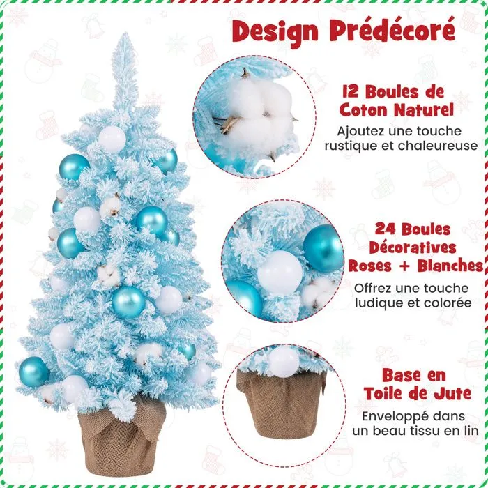 COSTWAY Mini Sapin de Noël Artificiel Pré-décoré 90 cm, 12 Boules de Coton Naturel, 24 Boules Décoratives, Base en Ciment, Bleu-1