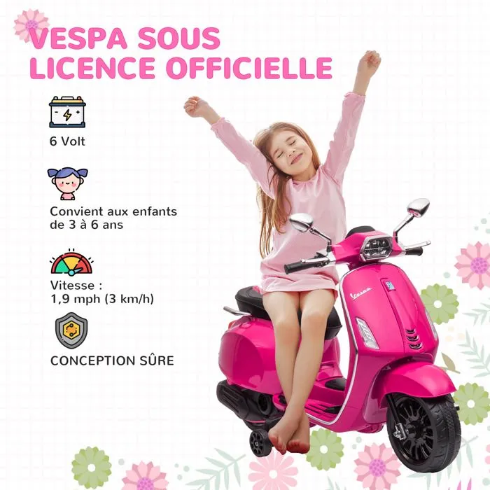 Scooter électrique enfant AIYAPLAY Vespa 6 V dim. 107L x 47l x 73H cm Musique MP3 Port USB Phare 2 roulettes, pour 3-6 ans, Rose-4