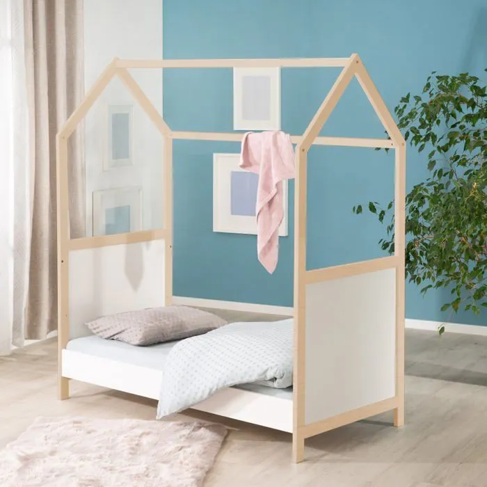 ROBA Lit Cabane Bébé Évolutif 70x140 cm - Convertible en Lit Junior et en Banc - Hauteur Réglable - Bois Laqué Blanc / Naturel-3