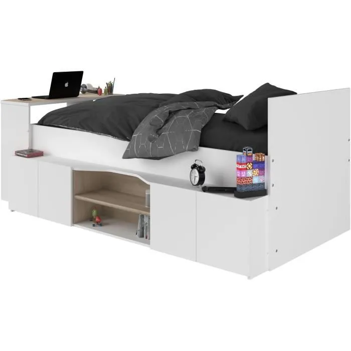 Lit combiné enfant avec rangements et bureau CLOE - 90 x 200 cm - Décor blanc et chêne - PARISOT-2