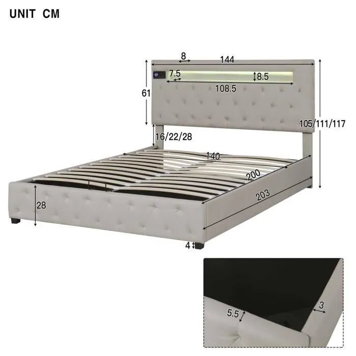 Lit coffre adulte à LED, ports USB et lecteur Bluetooth, sommier à lattes, tête de lit réglable, tissu en lin, beige - 140x200 cm-3