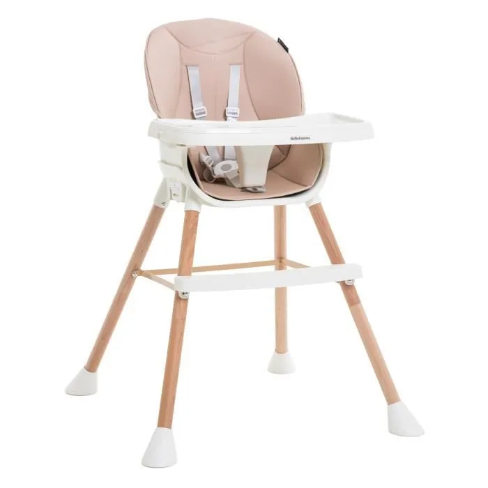 BEBELISSIMO  - Chaise Haute Évolutive en Bois - 3 en 1 – 6 mois jusqu’à 5 ans - réhausseur- rose-1