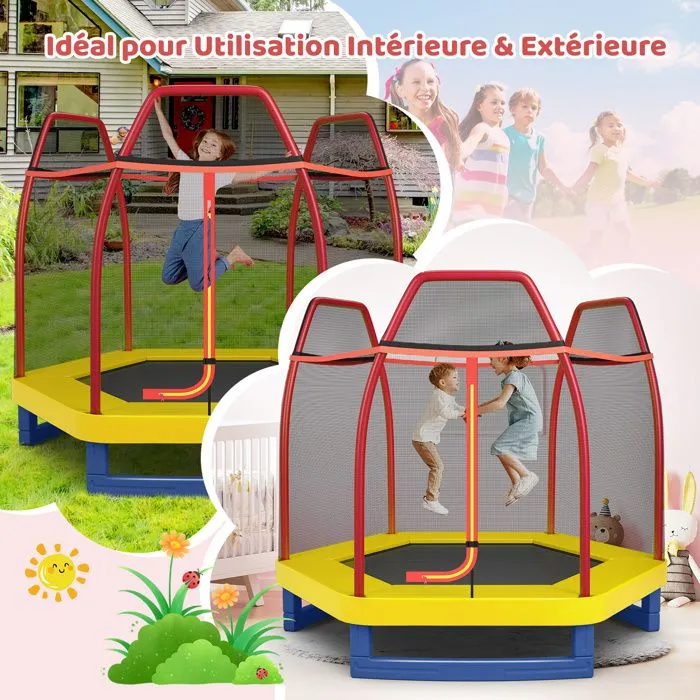 COSTWAY Trampoline Enfants 223cm avec Filet de Sécurité Respirant,36 Ressorts Protégés Tapis de Saut en Acier Galvanisé 150kg Rouge-1
