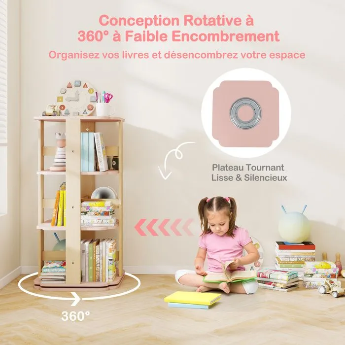 COSTWAY Bibliothèque Rotative à 360° - Étagère à Livres pour Enfants à 3 Niveaux avec 12 Compartiments 48 x 48 x 95,5 cm-4