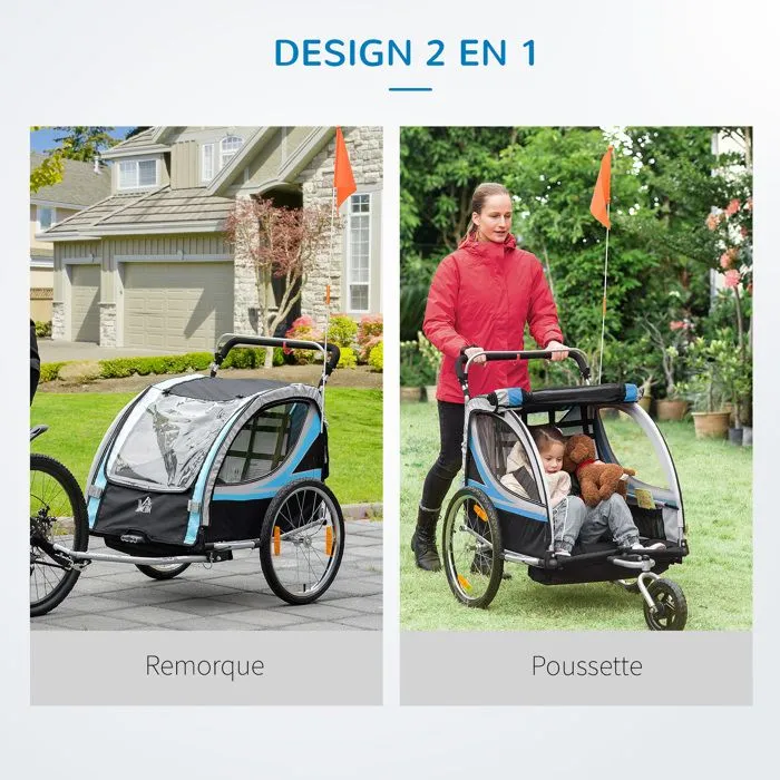 HOMCOM Remorque vélo pour Enfant 2 en 1 Convertible Jogger Poussette capacité 26,4 kg avec réflecteurs et Drapeau - 2 Places - Bleu-4