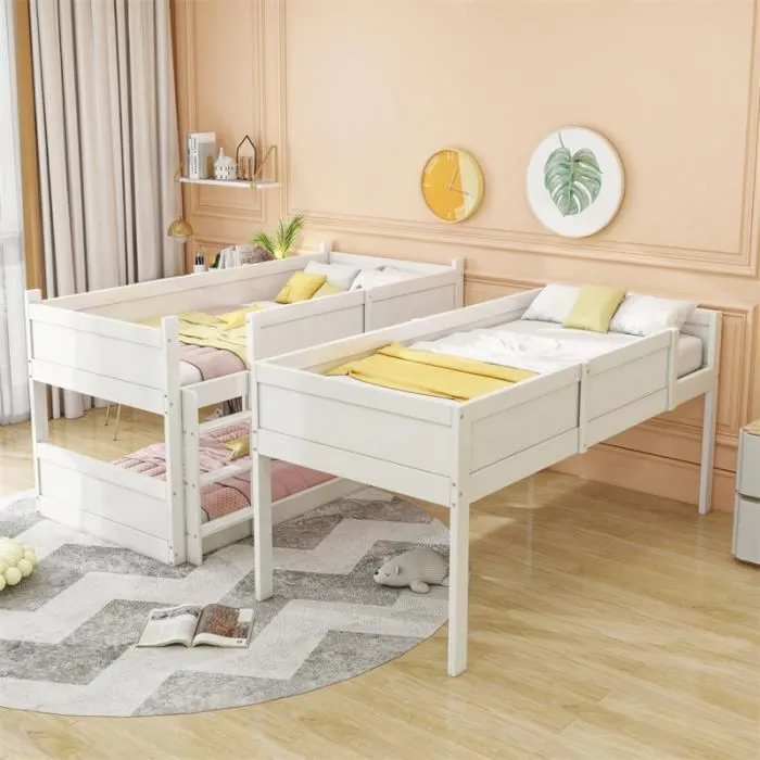 Lit superposé triple 90x200cm - MARQUE - Bois massif - 3 places - Design sécurisé - Blanc-1