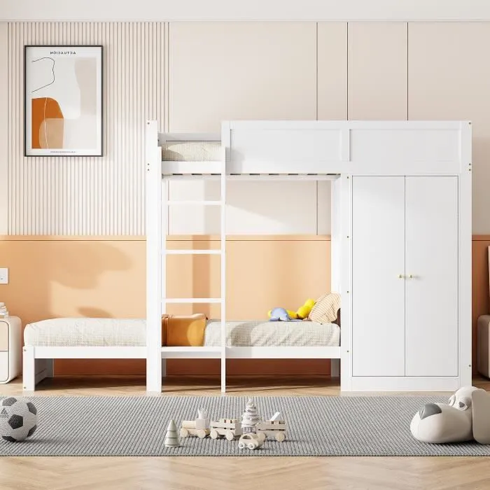 Lit superposé - Enfant - 90x200 cm - Blanc - Armoire intégrée - Escaliers de sécurité-1
