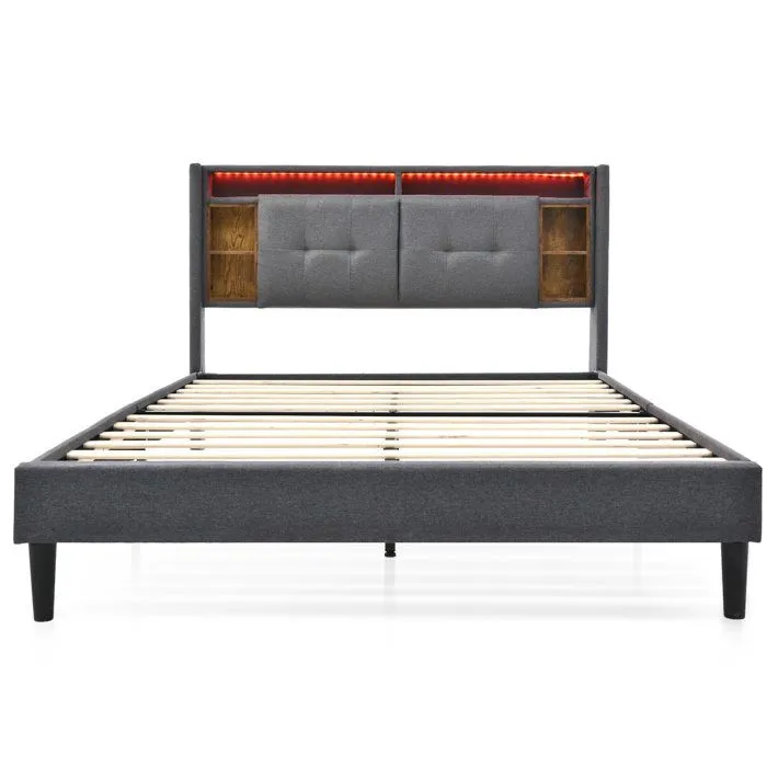 Lit adulte 160x200 cm - Tête de lit avec rangement , LED et ports USB - Sommier inclus - Gris-2