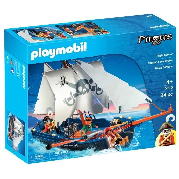 PLAYMOBIL 5810 Chaloupe des pirates, avec canon, Flotte dans l'eau, 3 personnages, 84 pièces, Les pirates, Dès 4 ans-7