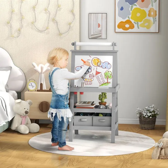 Tableau chevalet enfant AIYAPLAY 3 en 1 tableau blanc magnétique, tableau à craie rouleau papier 2 paniers intégrés - 3-6 ans gris-1
