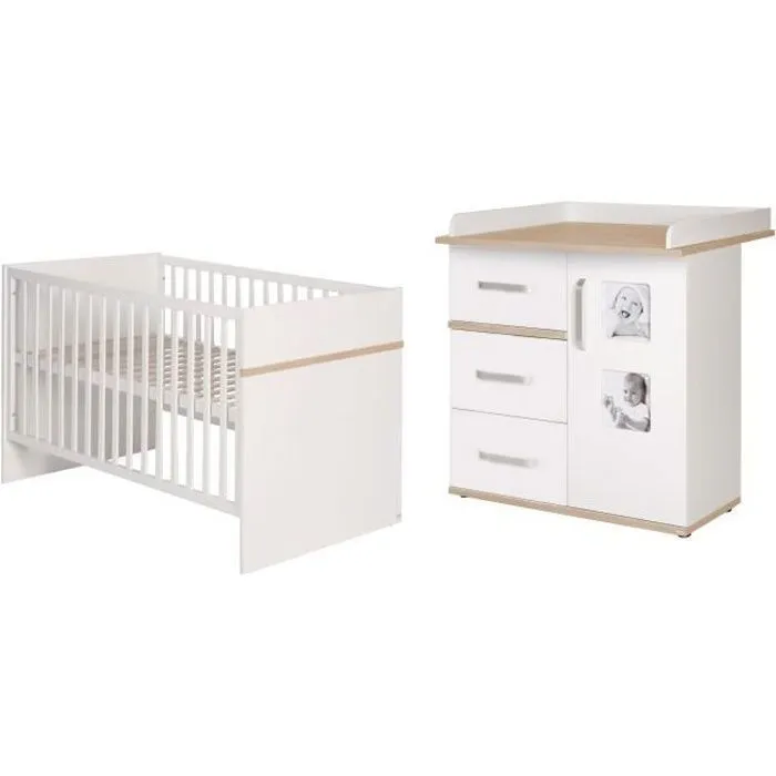 Ensemble Chambre Bébé ROBA Duo Pia - Lit 70x140 + Commode à langer - Blanc/chêne San Remo-0