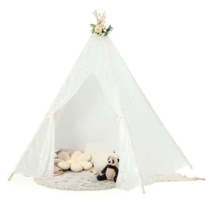 COSTWAY Grande Tipi Tente de Jeu Pour Enfant avec Guirlande de Lumières en Dentelle Romantique de Style Princesse-0