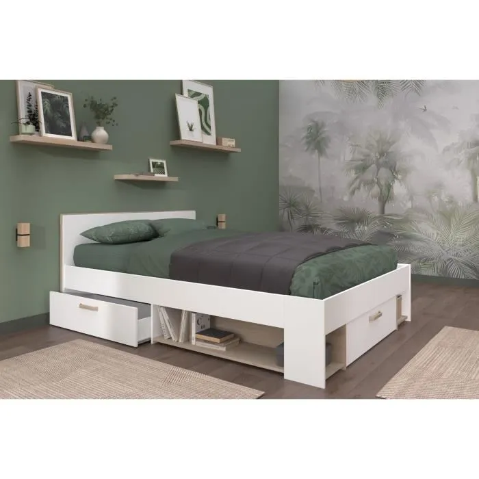 Lit adulte DREAM 140 x 190/200 cm - 3 tiroirs - Décor blanc et chêne - PARISOT-1