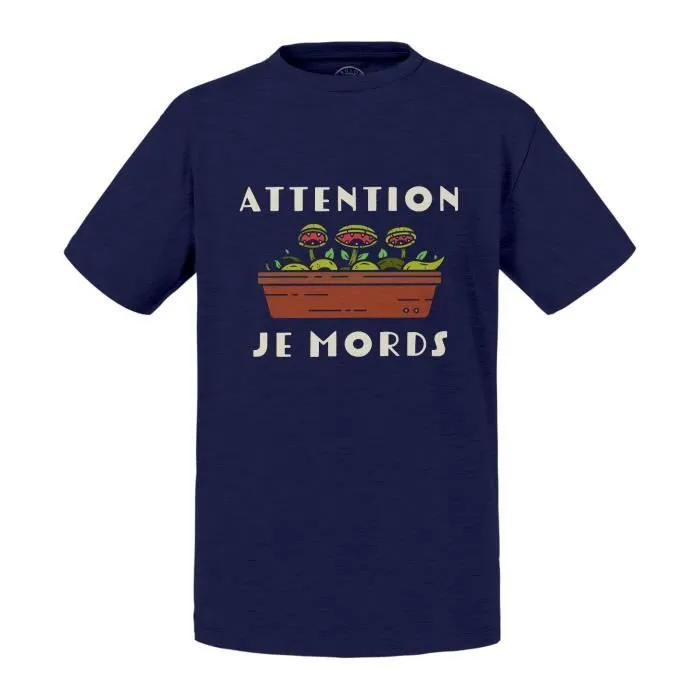 T-shirt Enfant Bleu Attention je Mords Plante Carnivore Pot Jardinage-0