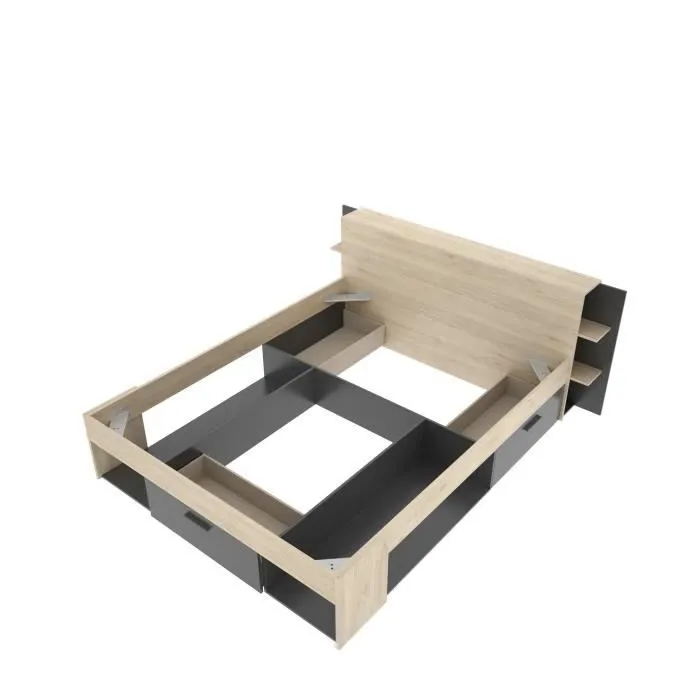 SAX Lit adulte - 160x200 cm - 3 tiroirs + Tête de lit avec rangement - Décor chêne et anthracite-7
