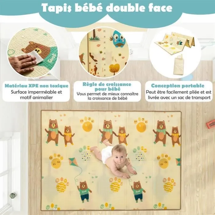 COSTWAY Parc Bébé 205x147x68,5CM avec Tapis de Jeu Pliable en Mousse XPE Porte de Sécurité 50 Balles Colorées Sac de Transport Gris-1