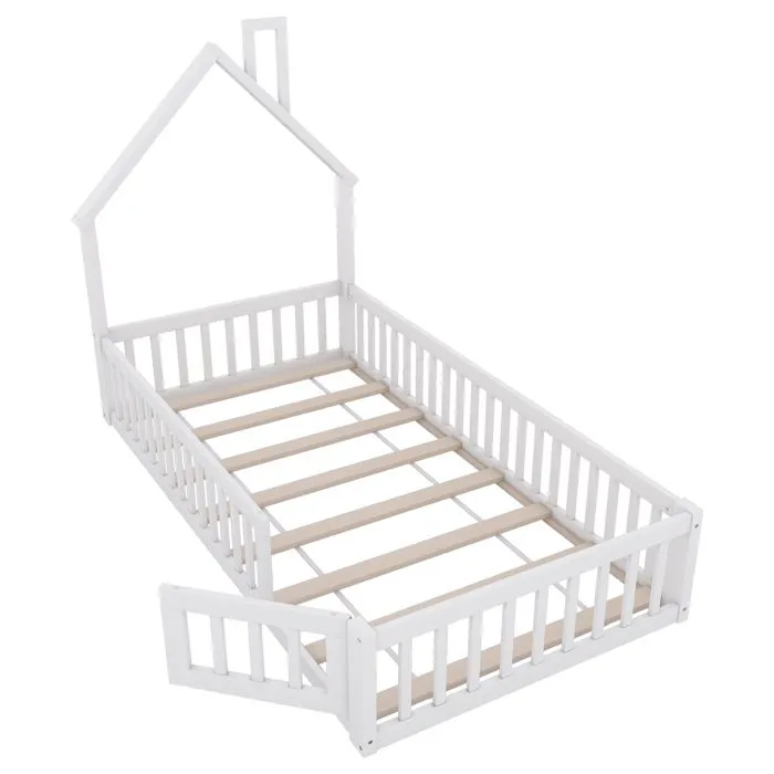 Lit enfant 90x200cm - Lit cabane - en bois massif - avec sommier à lattes - Blanc-2