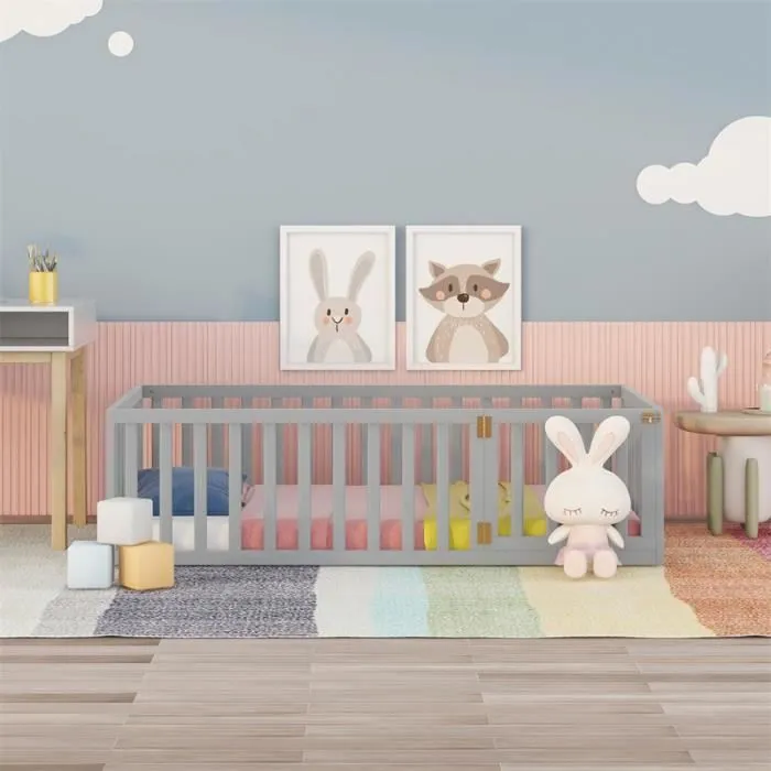 Lit évolutif bébé Lit d'enfant 90 x 200, fond en bois Cadre de lit avec barrière et porte, Gris-1