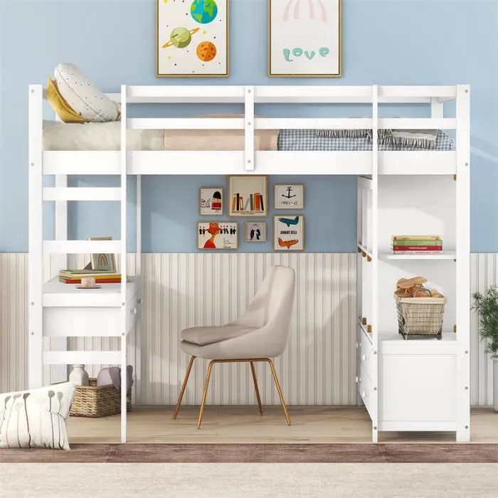 Lit mezzanine 140x200cm pour enfant - lit surélevé avec tiroirs de rangement, bureau et bibliothèque de rangement sous le lit -blanc-0