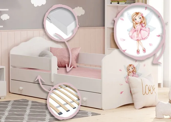 Lit enfant fille FIONA avec tiroir balustrade et matelas inclus - Fée rose - 160 cm x 80 cm-1