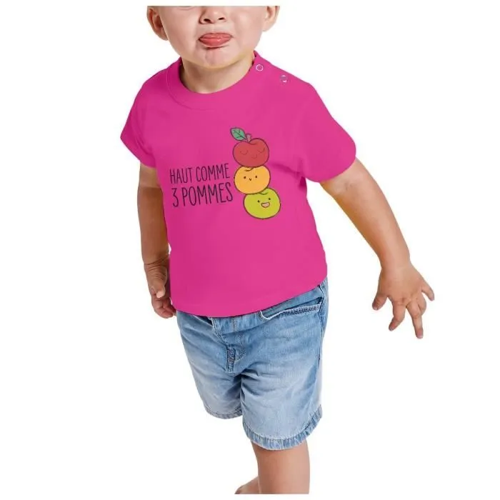 T-shirt Bébé Manche Courte Rose Haut comme 3 Pommes Expression Fruits Enfant-1