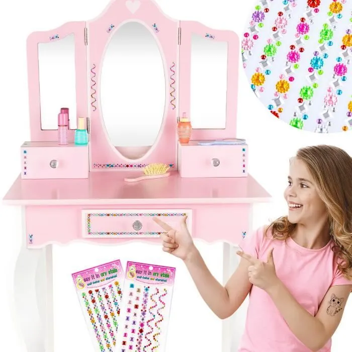 Coiffeuse - Kinderplay - GS3300 - Miroir et Tabouret - Accessoires Inclus - Rose-3