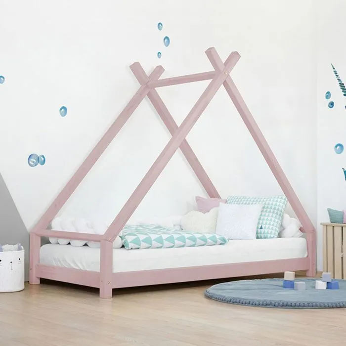 Lit tipi enfant TAHUKA 120 x 190 rose pastel-1