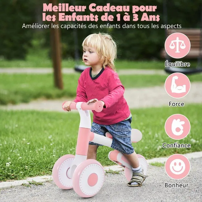 COSTWAY Draisienne sans Pédale pour Bébé 1-3 Ans avec 3 Roues, Vélo d'Équilibre Enfant Pliable avec Selle Réglable en Hauteur, Rose-1