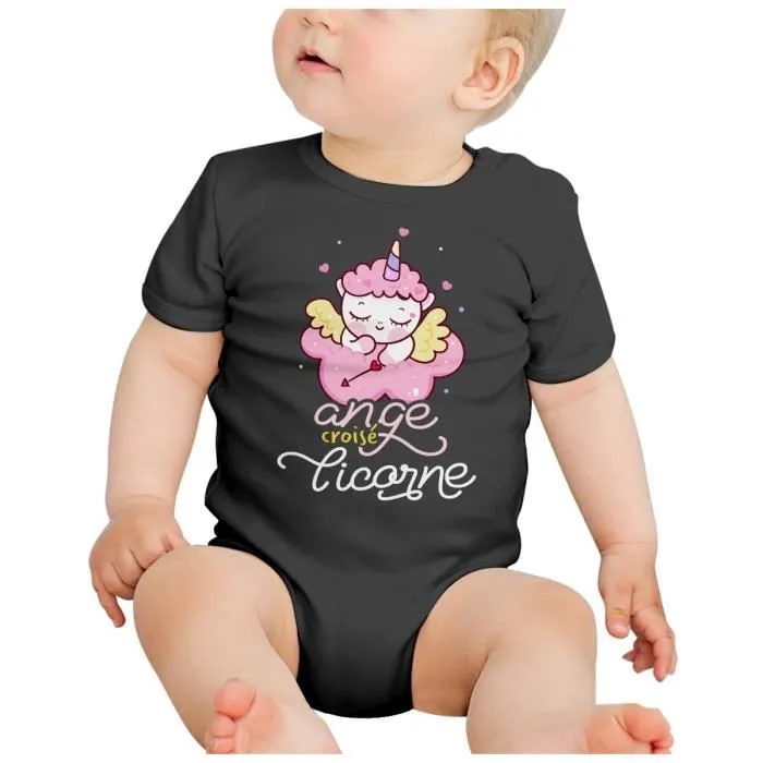 Body Bébé Manche Courte Noir Ange Croisé Licorne Dessin Original Illustration Mignon-1