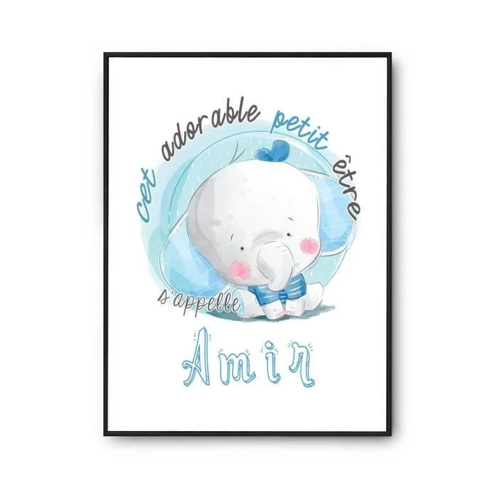 Affiche bébé prénom Amir Éléphant | Poster pour chambre bébé et enfant pour décoration murale qualité papier Premium A3-0
