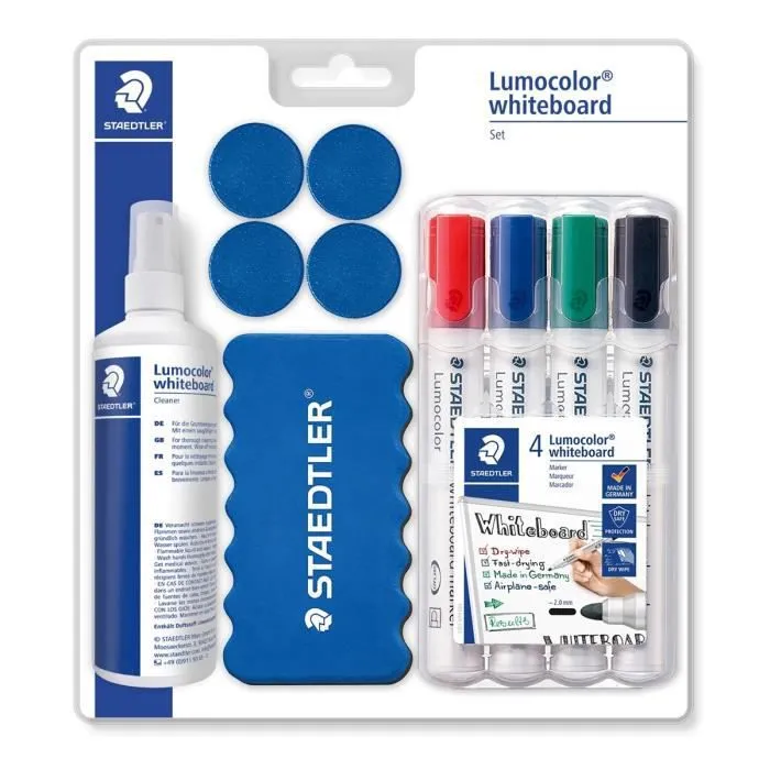 Kit élémentaire tableau blanc - Staedtler - Blanc - 4 feutres - 1 tampon - 1 spray de nettoyage-0