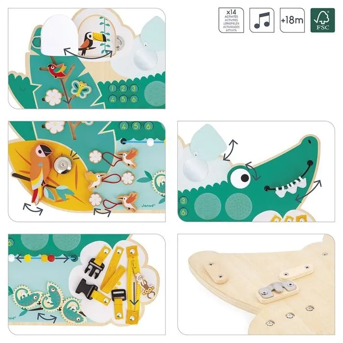 Planche de motricité - Janod - Busy Board Croco - 14 activités - Bois FSC - Dès 18 mois-1
