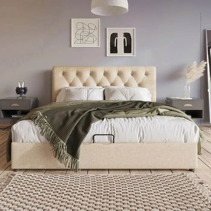 Lit coffre 140x200cm, avec sommier à lattes métalliques, Cadre de lit moderne avec espace de rangement, sans matelas, beige-1