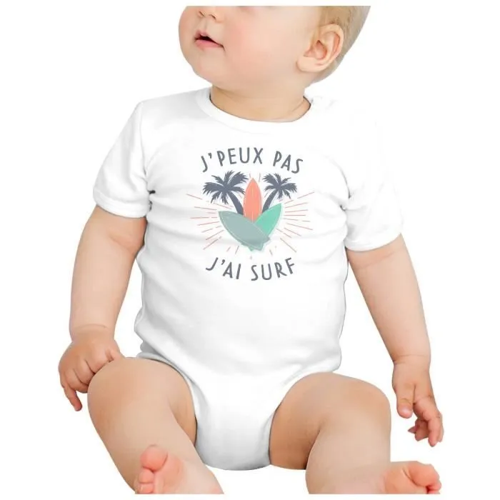 Body Bébé Manche Courte Blanc J'Peux Pas J'ai Surf Mer Sport Planche Vague-1