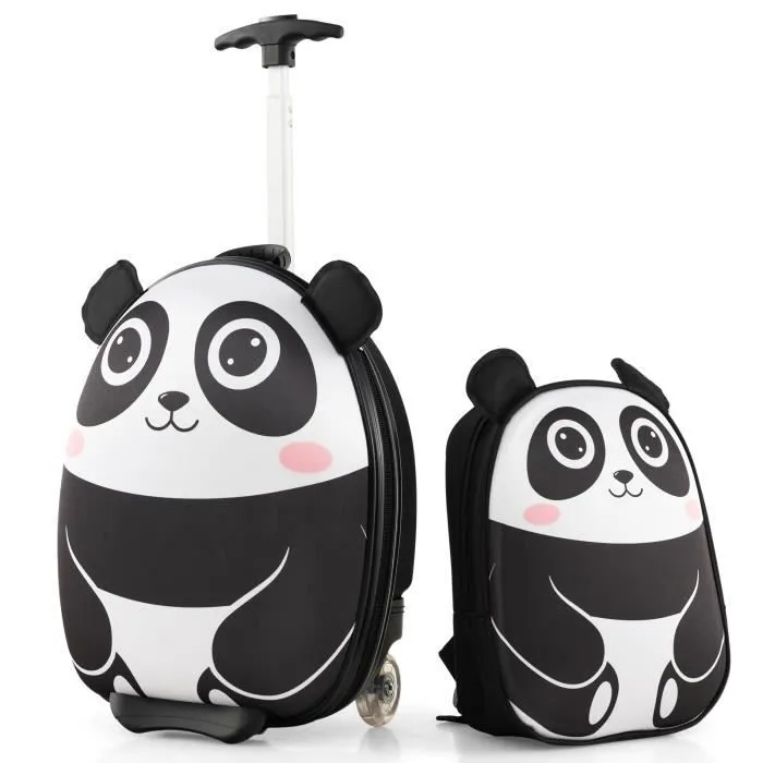COSTWAY Valise Enfant à Roulettes 16’’ + Sac à Dos 12’’, Ensemble de Bagage Enfants avec Motif Panda, Voyages en Avion, Blanc-0
