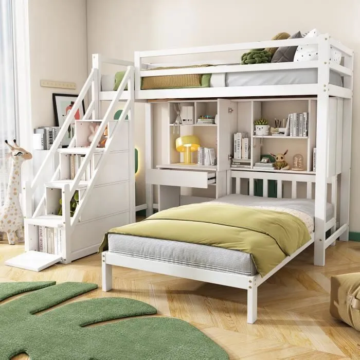 Lit superposé enfant, Lit enfant multifonctionnel, fonction rangement, avec bureau et étagères, avec sommier à lattes, Blanc, 90*200-0
