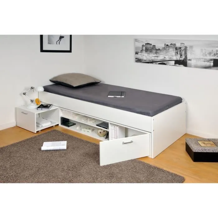 Lit enfant TESS contemporain mélaminé blanc - l 90 x 190 cm - Chevet et rangement intégrés-1