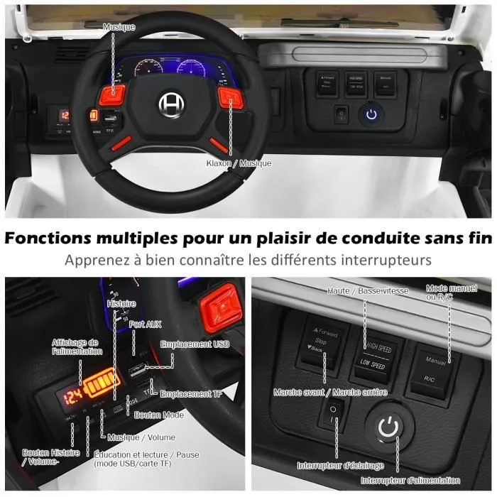 COSTWAY Voiture 4x4 Électrique 12V pour Enfants 3+ Ans, 2 Places, Télécommande 2.4G, Lumières LED et Musique,Blanc-1