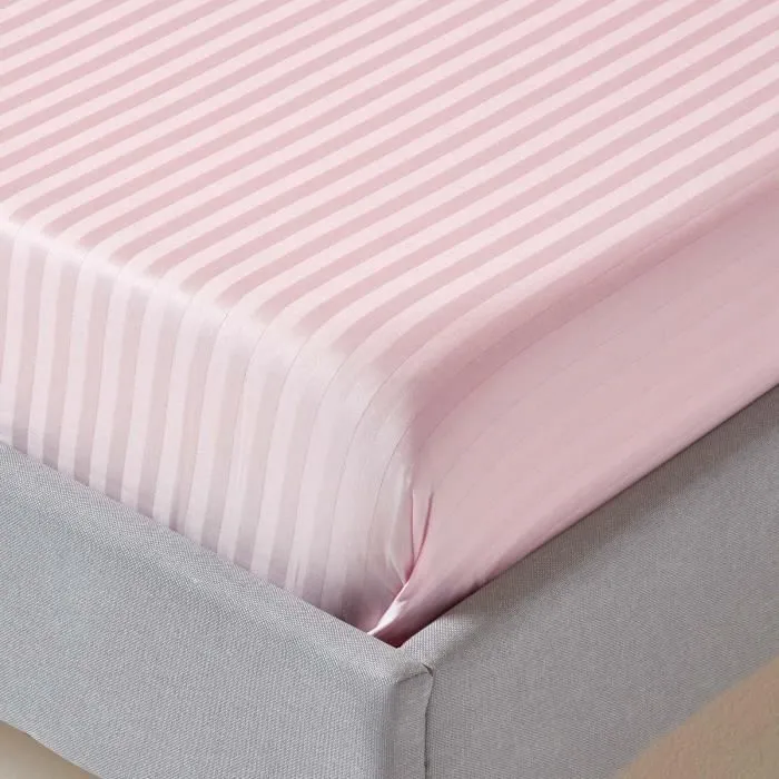 Drap plat rayé satin de coton égyptien 330 fils Rose 275 x 275 cm-1