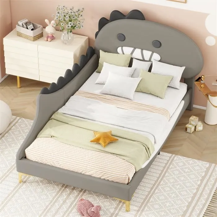 Lit d'enfant - Dinosaure - 90x200cm - PU - Gris - Tête de lit originale-1