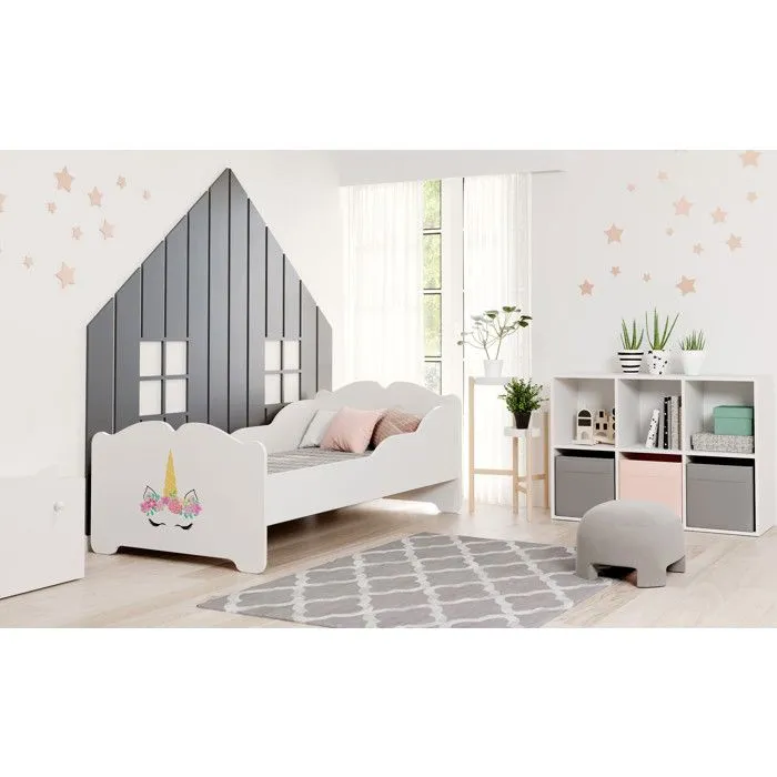 Lit enfant fille ALMENA avec matelas et cadre inclus - Licorne - 140 cm x 70 cm-1