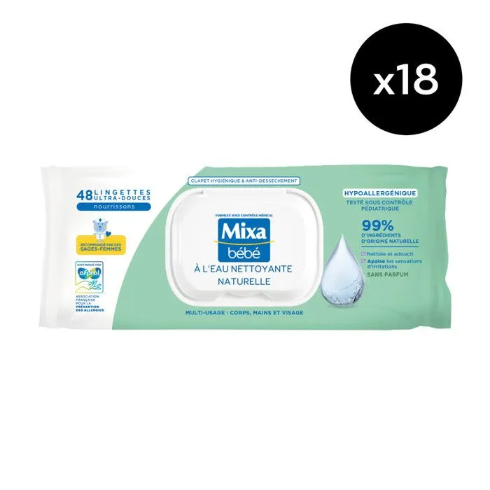 Lot de 18 - MIXA BÉBÉ LINGETTES NETTOYANTES A L'EAU NATURELLE x48-0