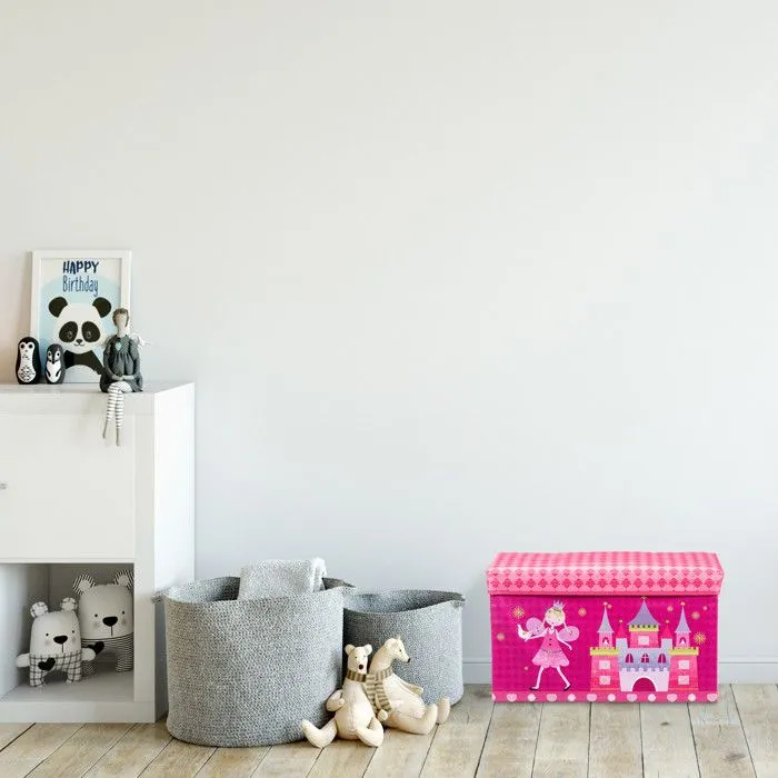 Relaxdays Tabouret Coffre à jouets boîte à jouets couvercle pouf enfant pliable princesse rangement fille 50L, rose-1