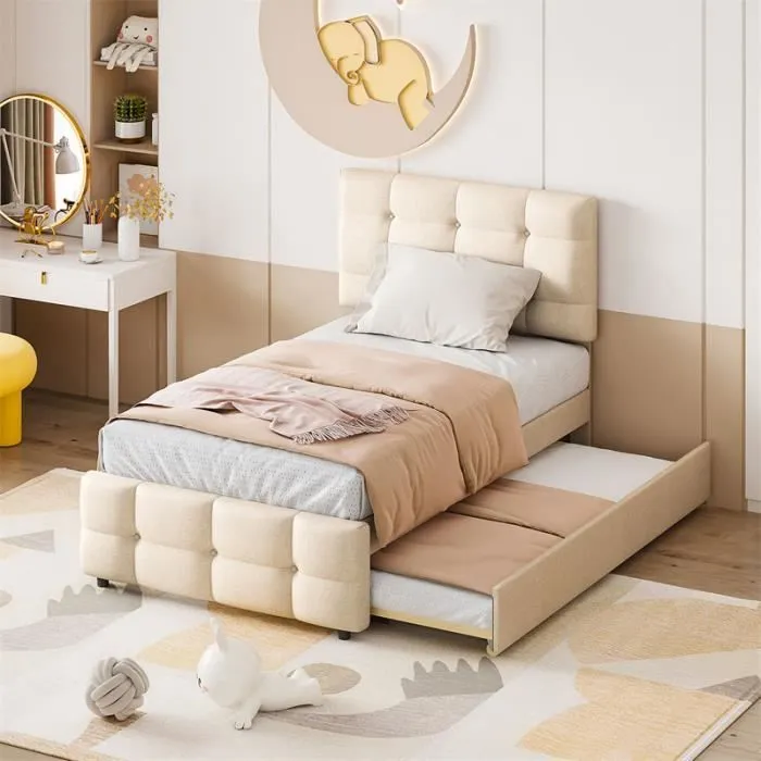Lit gigogne - Enfant - Beige - 90x200cm + 90x190cm - Tête de lit réglable - Lit extensible en lin-0