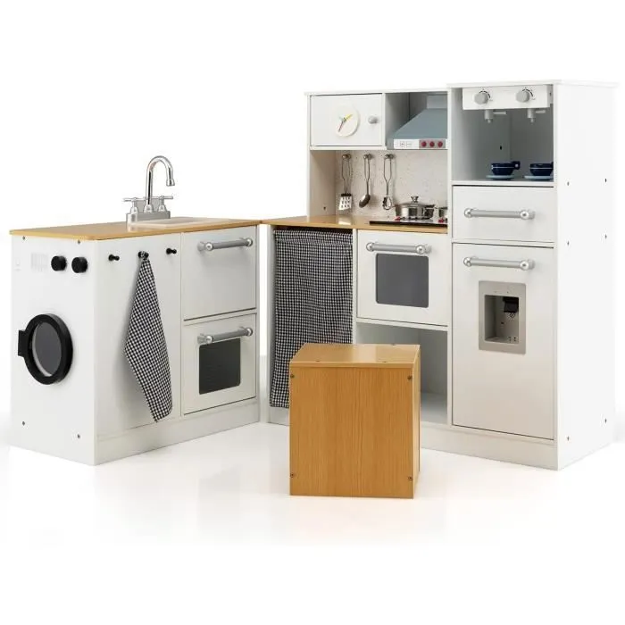 COSTWAY Cuisine d Angle Enfants en Bois 9 Accessoires Effect Sonore et Lumineux, Jeu d'imitation 3 Ans+, Cadeau idéal-1