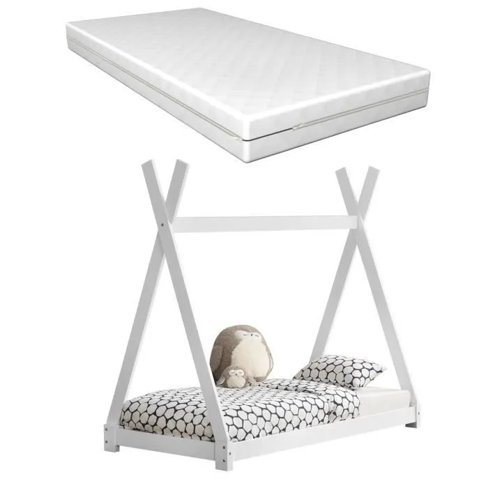 Lit Tipi pour Enfants avec Matelas Orthopédique Onejda Blanc 80 x 160 cm [en.casa]-0