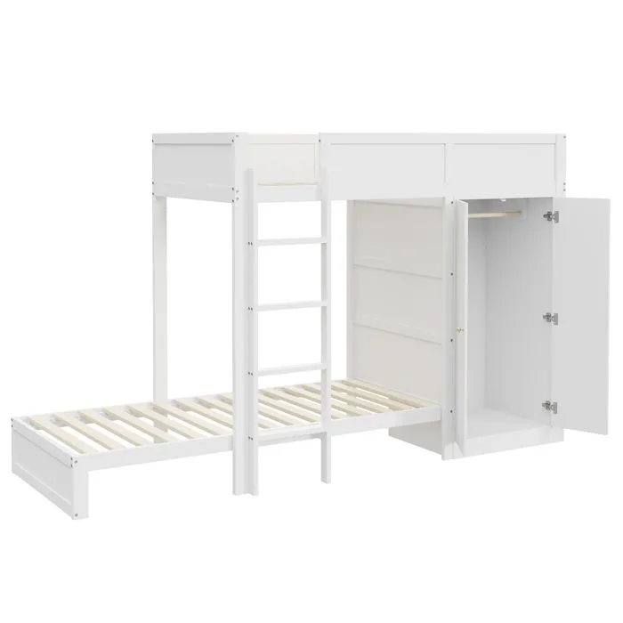 Lit superposé 90x200cm - Blanc - Armoire intégrée - 2 places - Escalier de sécurité - Bois de pin-3