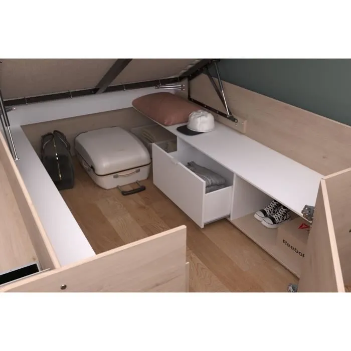 ODYSSEE Lit coffre adulte - 140x190/200 cm - Avec coffre relevable - Décor chêne et Blanc - 168,3x66,5x209,5 cm-3