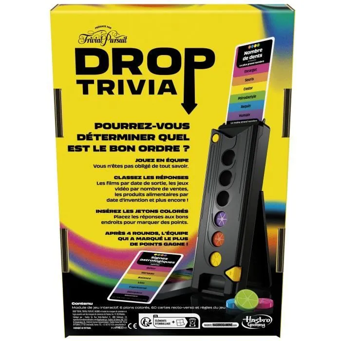 Drop Trivia, jeu de groupe électronique avec voix et sons, Dès 13 ans, 2 joueurs ou +, 15 min, inspiré de Trivial Pursuit, Hasbro Ga-4