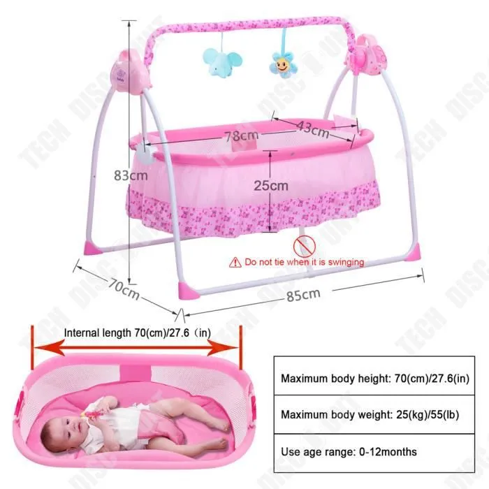 TD® Bébé électrique berceau lit bébé Portable pliable en métal balançoire chaise berçante panier de couchage avec moustiquaire-1